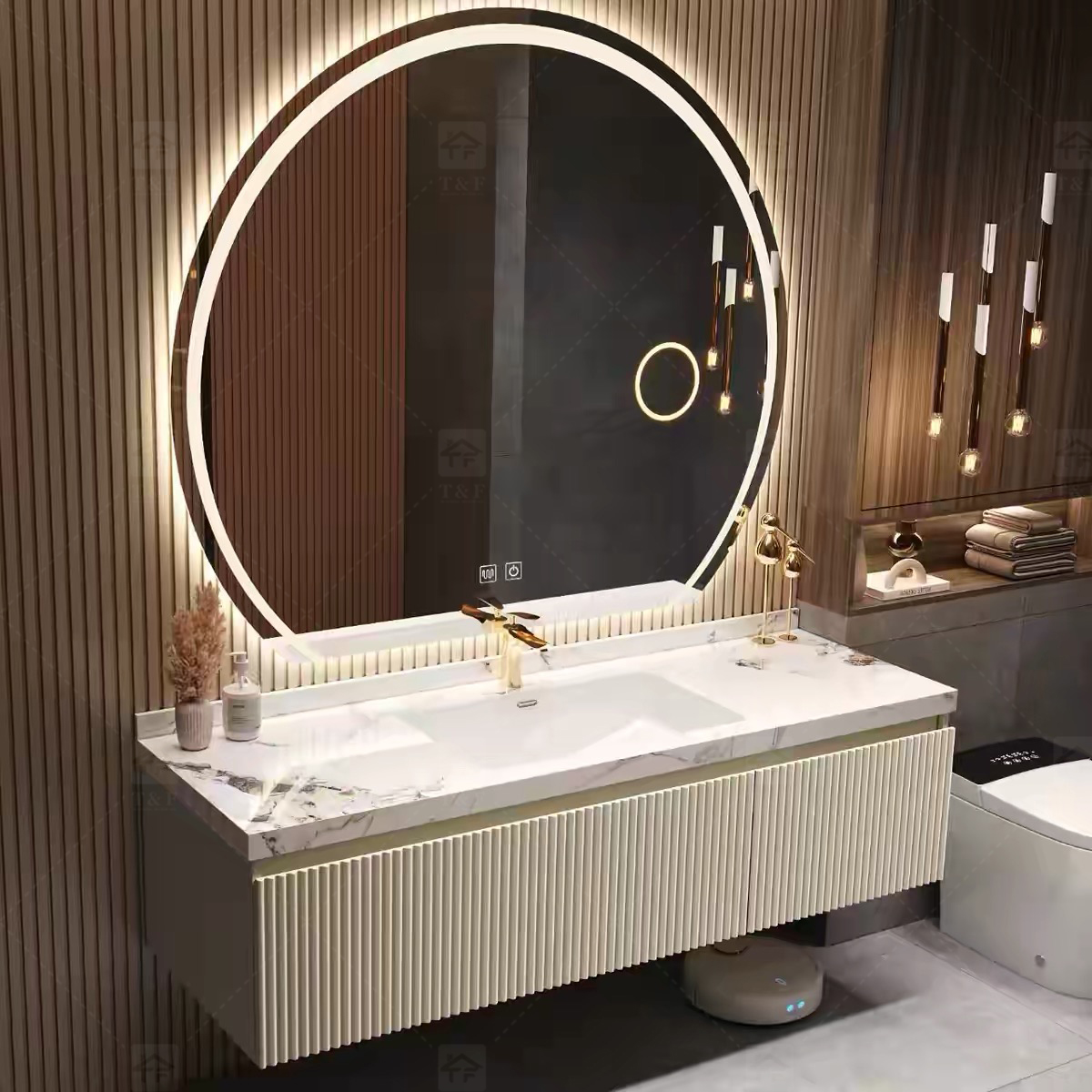 Modern Wall-Mounted Floating Bathroom Vanity with 3D Fluted Cabinet Front, Integrated Basin Sink and LED Half Moon Mirror
