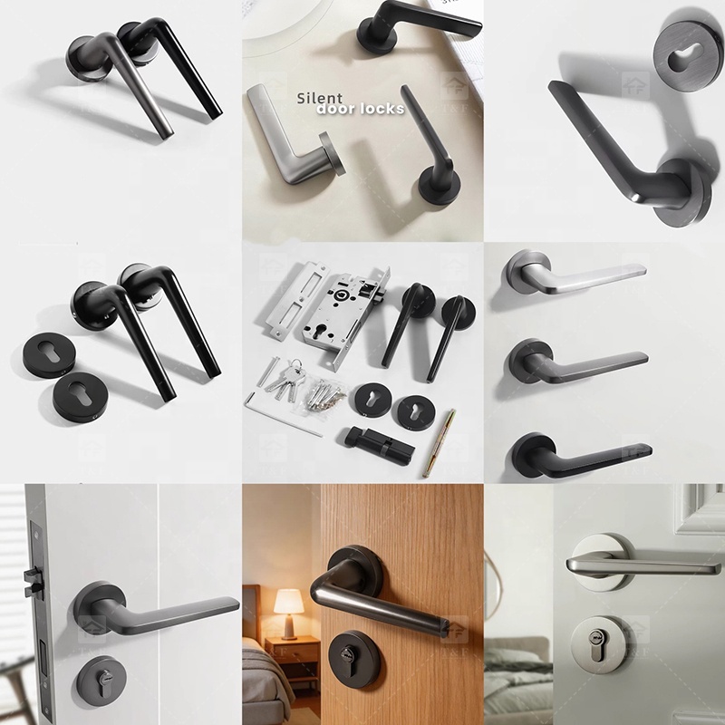 Simple Design Square Rose Interior Split Door Lock Matte Gunmetal Door Lever Handle Set With Key