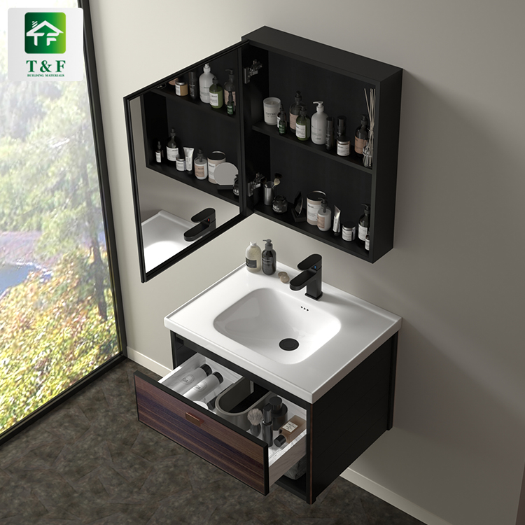 Hotel Custom Made Floating Washroom Basin Cabinet Luxury Style Aluminium Corner Wall Wood Grain Bathroom Vanity