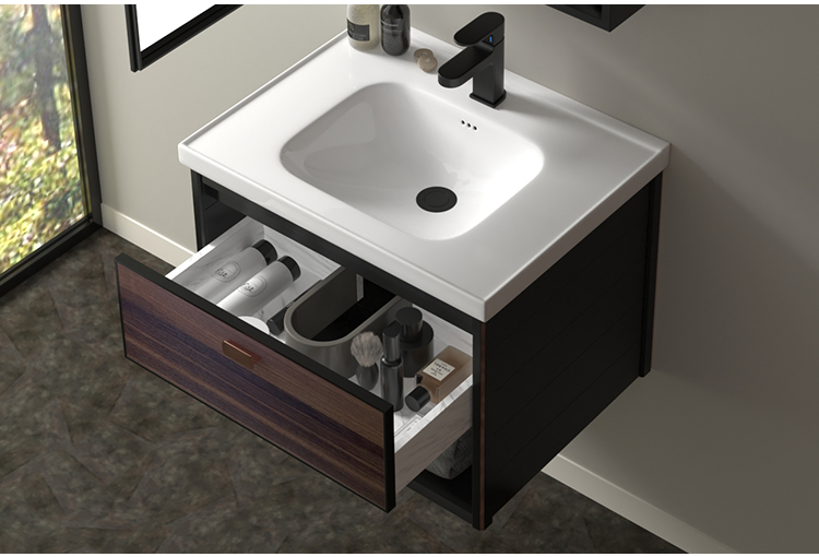 Hotel Custom Made Floating Washroom Basin Cabinet Luxury Style Aluminium Corner Wall Wood Grain Bathroom Vanity