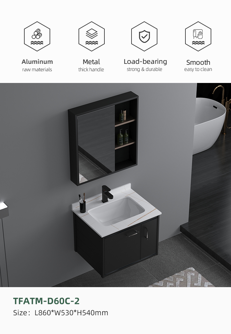 White Marble Ceramic Wash Basin Black Bathroom Cabinet Aluminium Bathroom Vanity Cabinet