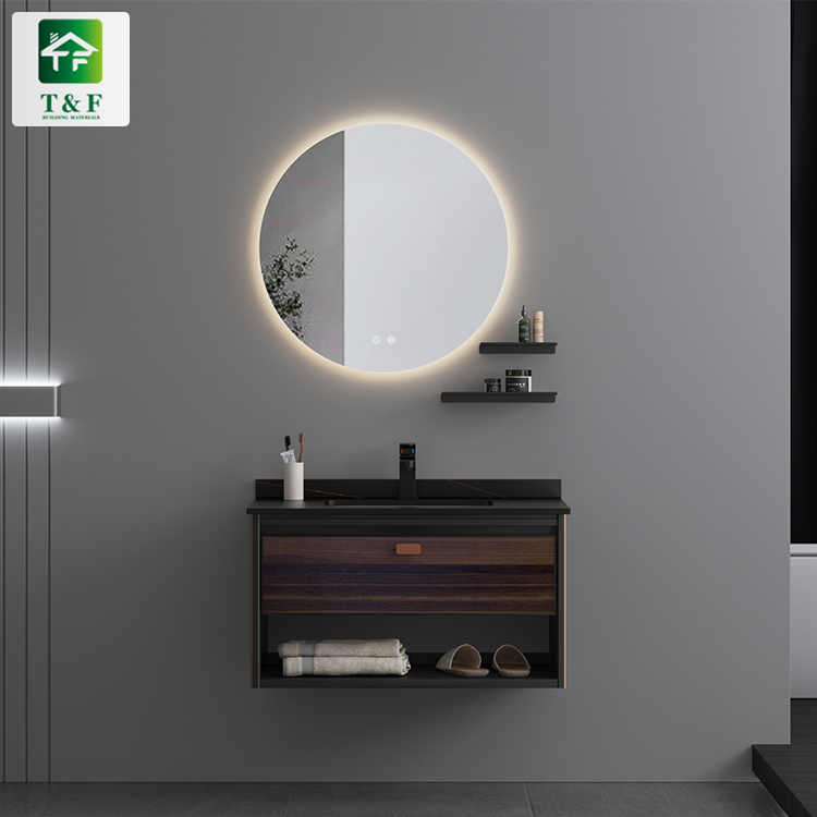 Luxury Design Dark Color Washroom Toilet Sink Cabinet Modern Wood Grain Waterproof Storage Bathroom Basin Cabinet