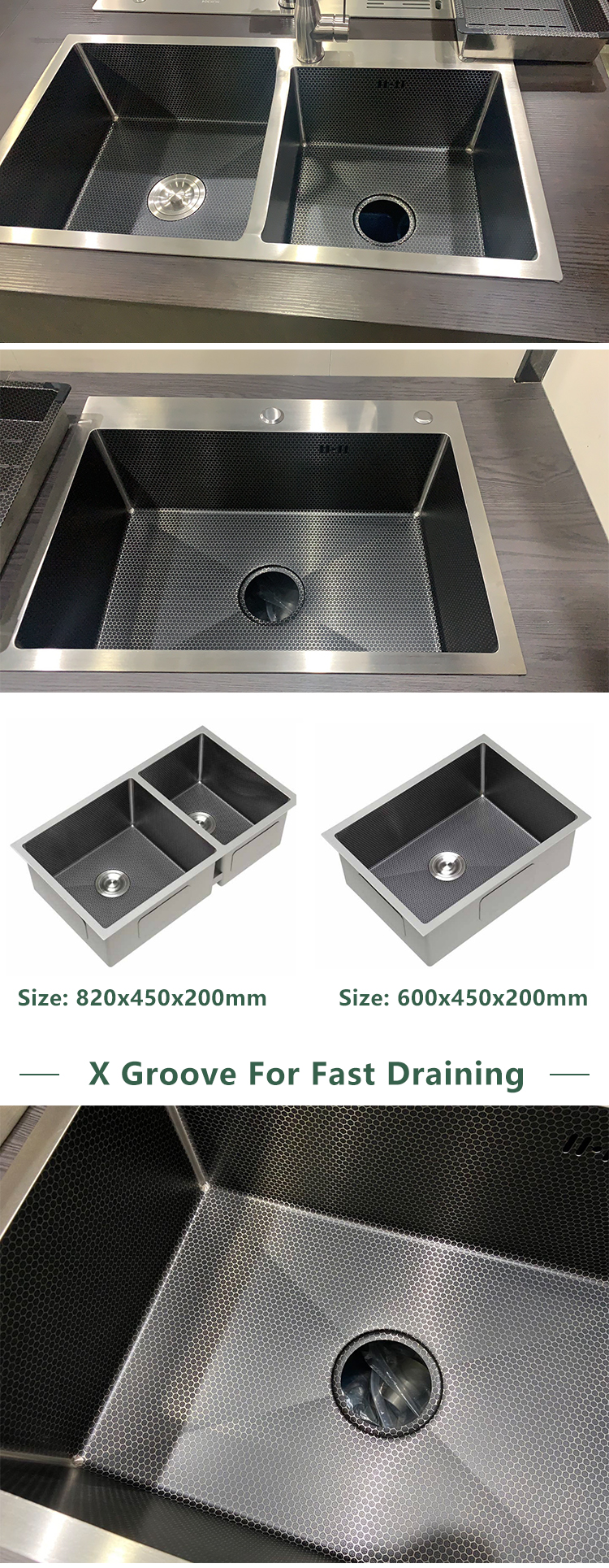 Black Stainless Steel Drain Board Single Double Bowl Square Crystal Surface Undermount Handmade Kitchen Sink