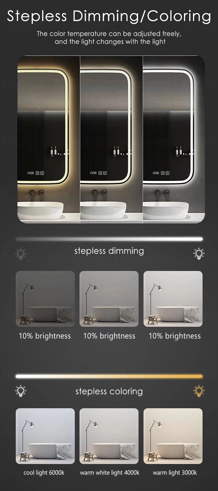 Customized Anti Fog Touch Screen Dimmer Waterproof Light Smart LED Bathroom Mirror