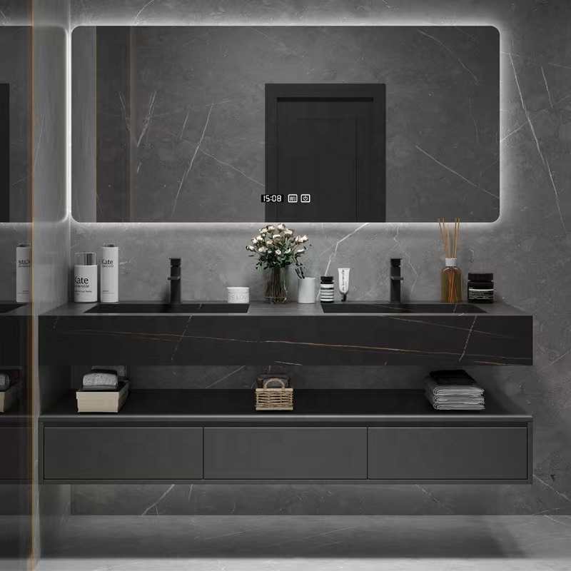 Modern Luxury Hotel Wall Mount Solid Wood Single Double Sink Floating Cabinet Bathroom Vanity