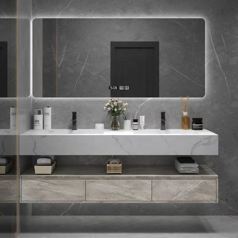 Modern Luxury Hotel Wall Mount Solid Wood Single Double Sink Floating Cabinet Bathroom Vanity