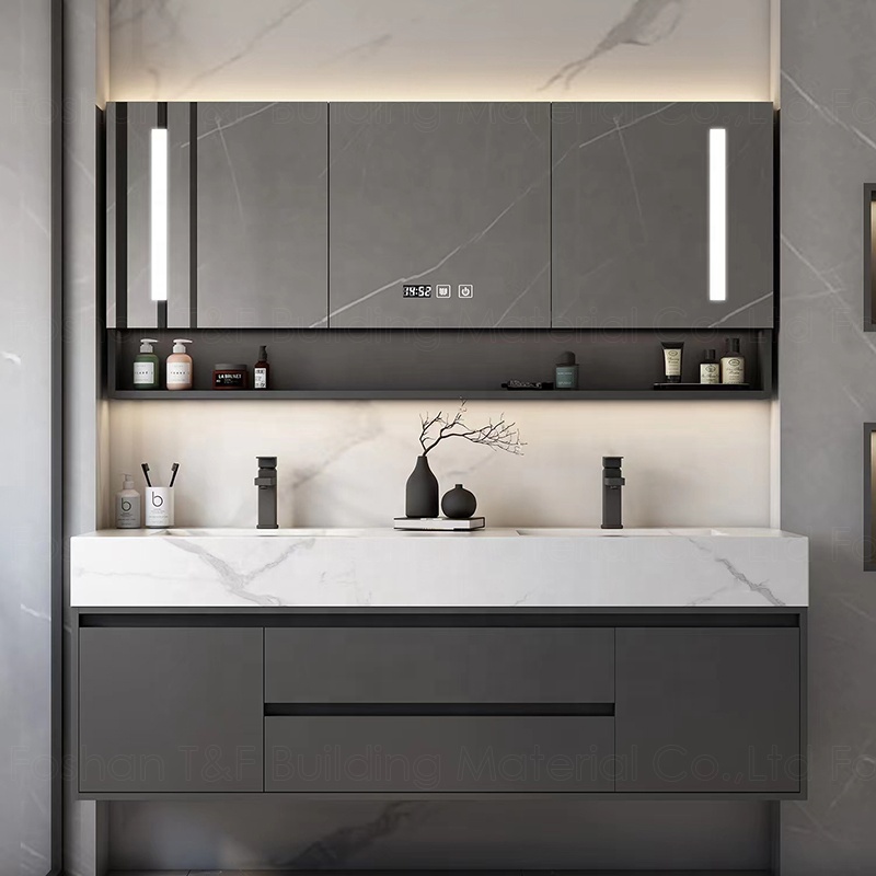 Hotel Washroom Solid Wood Luxury Floating Bathroom Vanity Wall Mounted Plywood Bathroom Mirror Cabinet