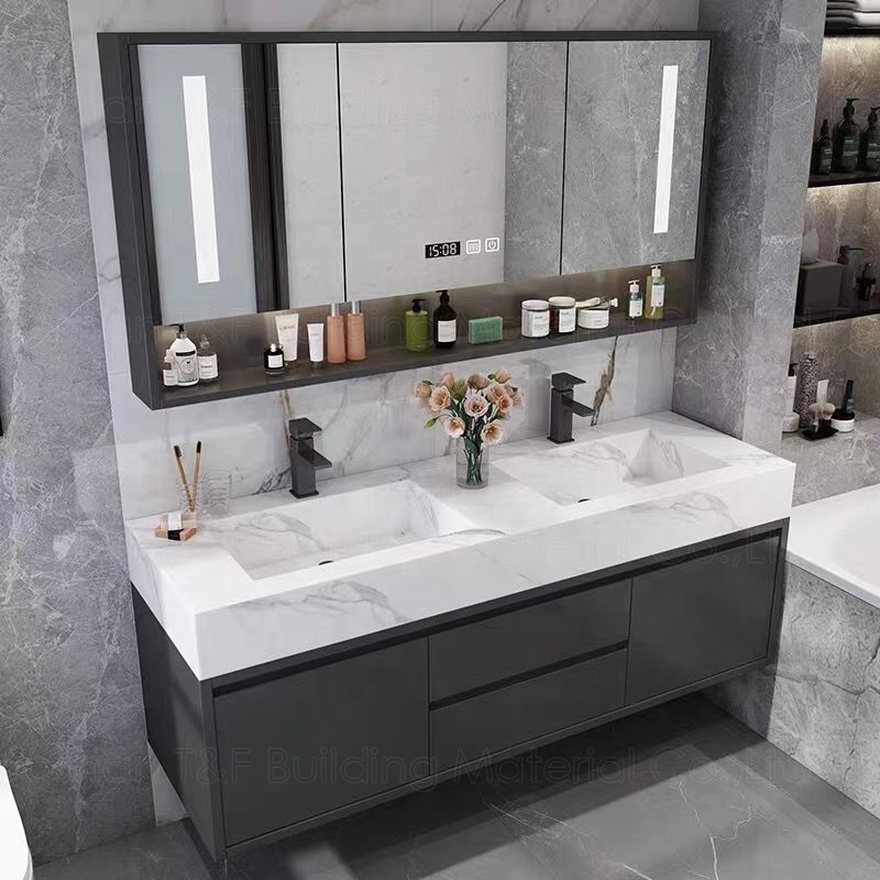 Hotel Washroom Solid Wood Luxury Floating Bathroom Vanity Wall Mounted Plywood Bathroom Mirror Cabinet