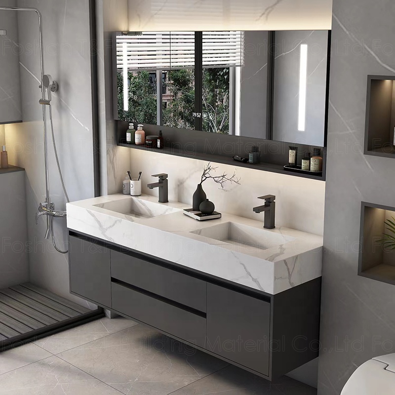 Hotel Washroom Solid Wood Luxury Floating Bathroom Vanity Wall Mounted Plywood Bathroom Mirror Cabinet