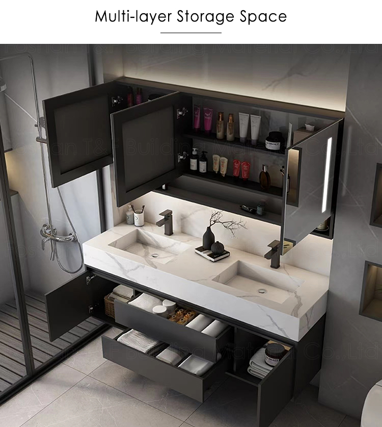 Hotel Washroom Solid Wood Luxury Floating Bathroom Vanity Wall Mounted Plywood Bathroom Mirror Cabinet