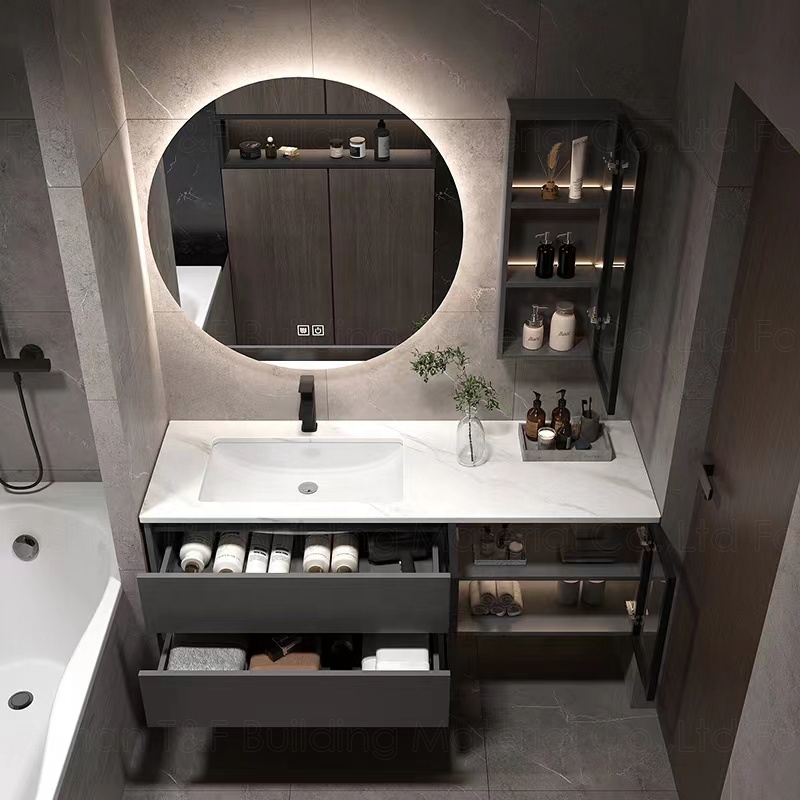 Luxury Led Backlit Mirror Lighting Wall Mounted Marble Cabinet Hotel Wood Makeup Bathroom Vanity