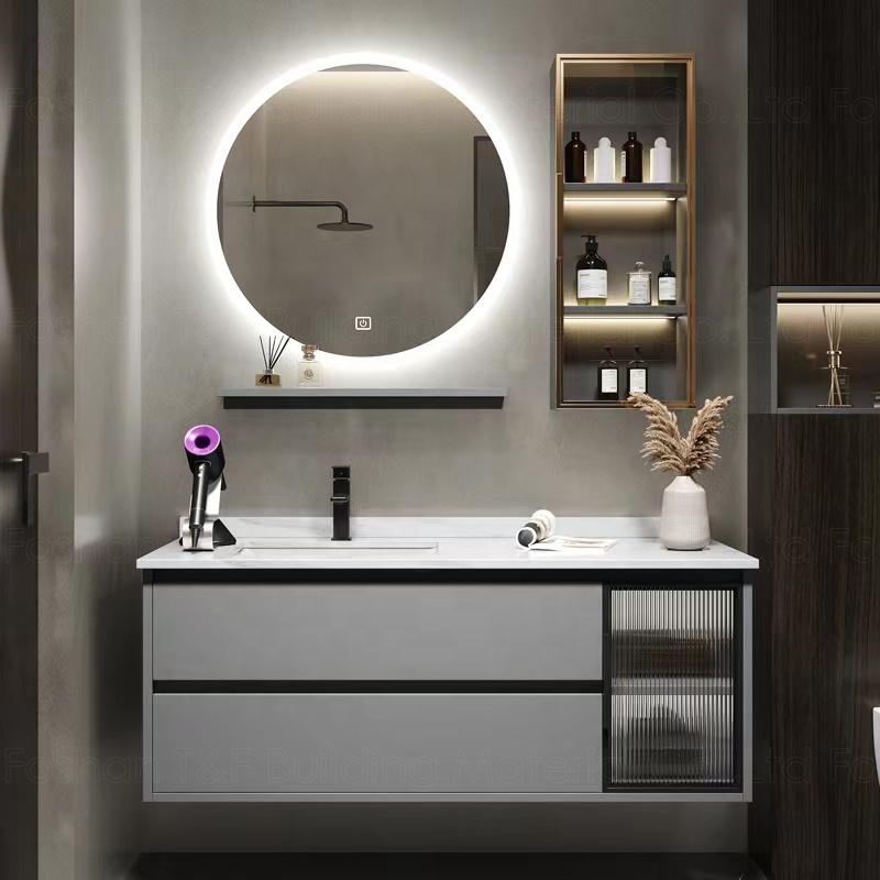 Luxury Led Backlit Mirror Lighting Wall Mounted Marble Cabinet Hotel Wood Makeup Bathroom Vanity