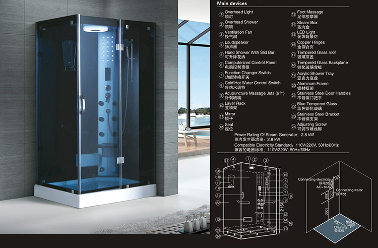 Integrated Hydro Massage Shower Cabin 2 Person Square Sauna and Steam Combined Room