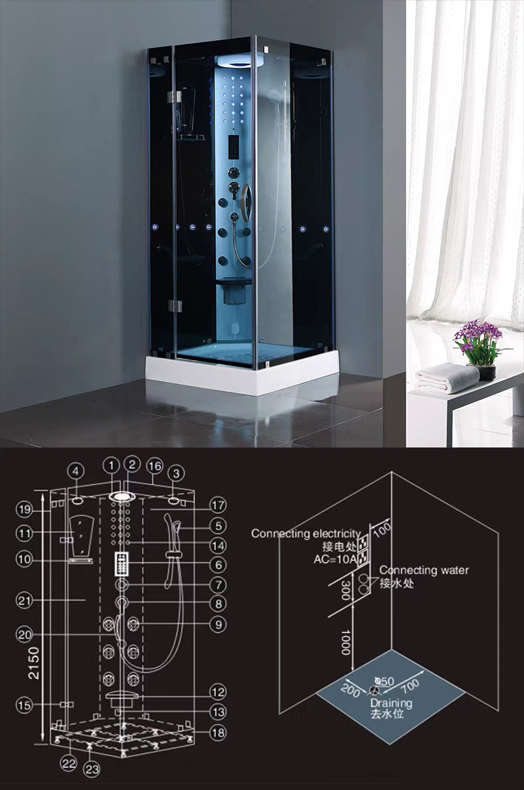 Integrated Hydro Massage Shower Cabin 2 Person Square Sauna and Steam Combined Room