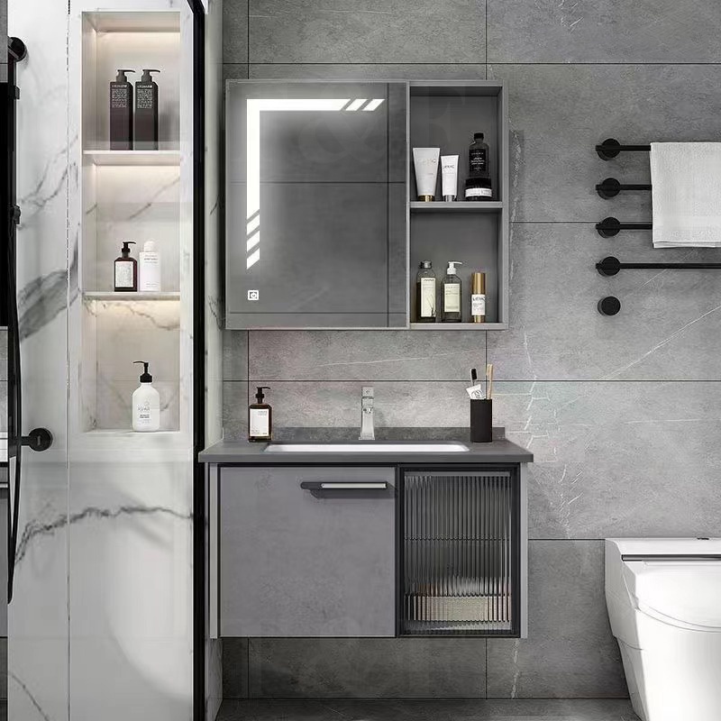 China Wall Hanging Waterproof Wash Basin Glass Door Wood Cabinet Set Bathroom Vanity