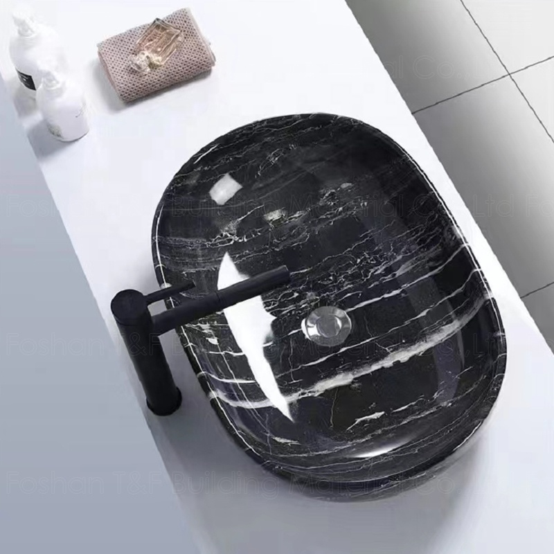 Black Polished Solid Surface Natural Stone Bathroom Sink Marble Stone Wash Basin