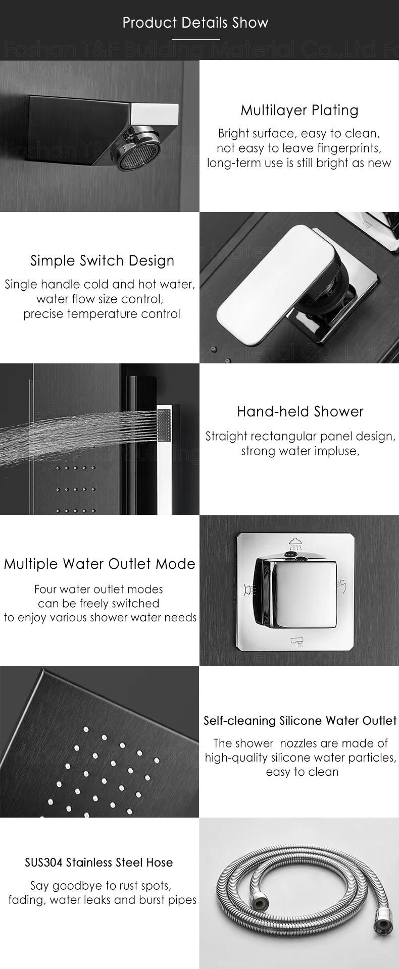 Modern Waterproof Thermostatic Black Waterfall Bathroom Faucet Spa Stainless Steel Shower Panel