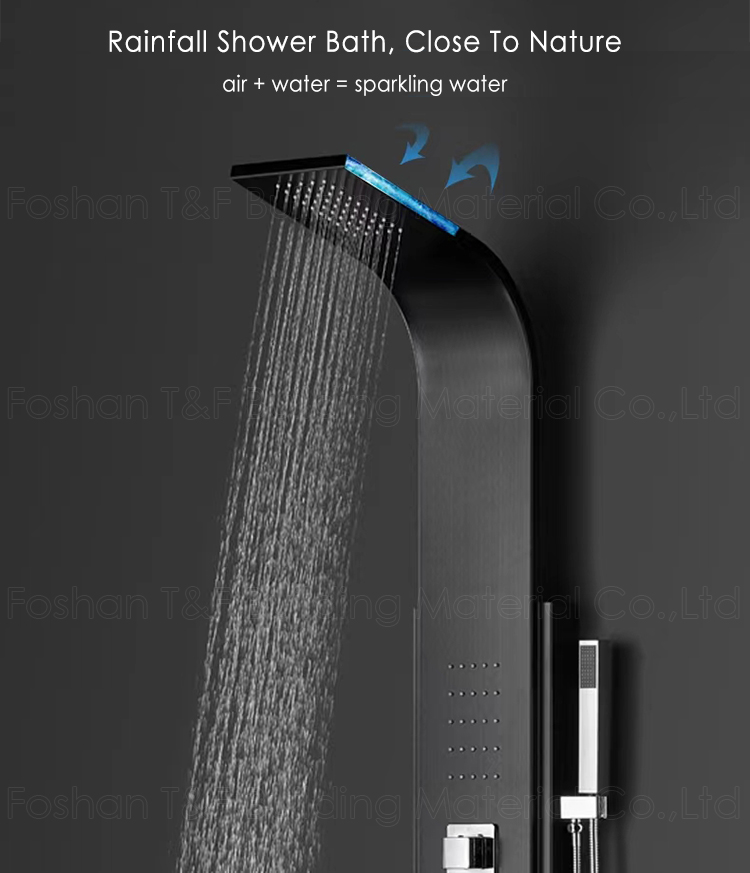Modern Waterproof Thermostatic Black Waterfall Bathroom Faucet Spa Stainless Steel Shower Panel