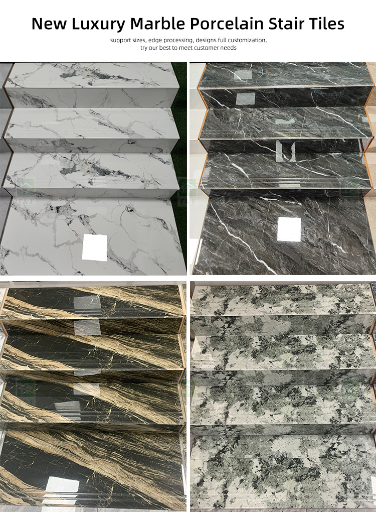 High Glossy Full Body Villa Ceramic Stairs Tiles Grey Marble Look Polished Glazed Ceramic Staircase Step Tiles