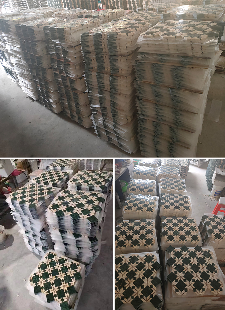 Mid Century Retro Classic Design Beige Green Waterjet Parquet Wall Floor Stone Marble Mosaic