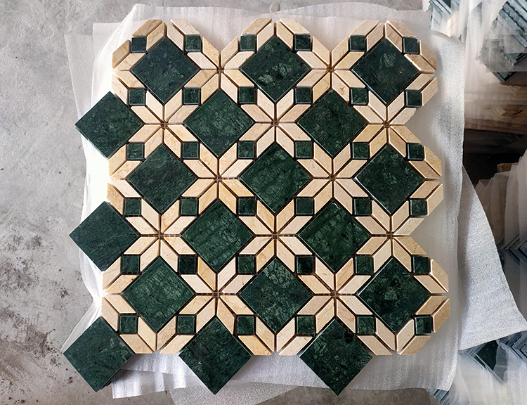 Mid Century Retro Classic Design Beige Green Waterjet Parquet Wall Floor Stone Marble Mosaic