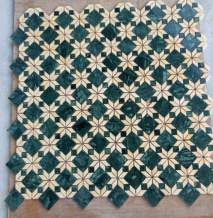 Mid Century Retro Classic Design Beige Green Waterjet Parquet Wall Floor Stone Marble Mosaic