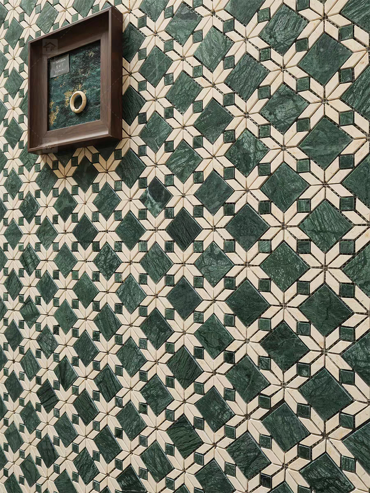 Mid Century Retro Classic Design Beige Green Waterjet Parquet Wall Floor Stone Marble Mosaic