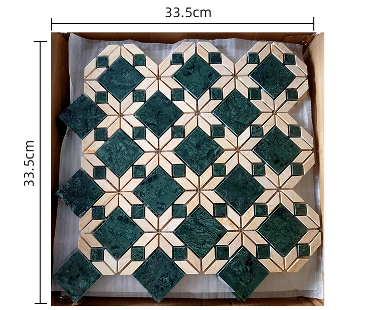Mid Century Retro Classic Design Beige Green Waterjet Parquet Wall Floor Stone Marble Mosaic