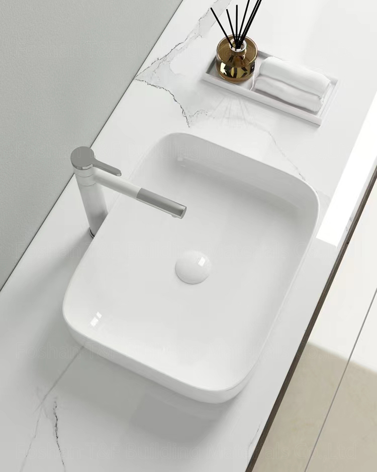 Modern Solid Surface White Ceramic Sink Rectangular Mounted Vanity Top Cabinet Art Bathroom Hand Wash Basin