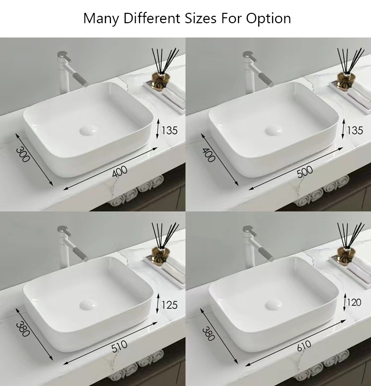 Modern Solid Surface White Ceramic Sink Rectangular Mounted Vanity Top Cabinet Art Bathroom Hand Wash Basin