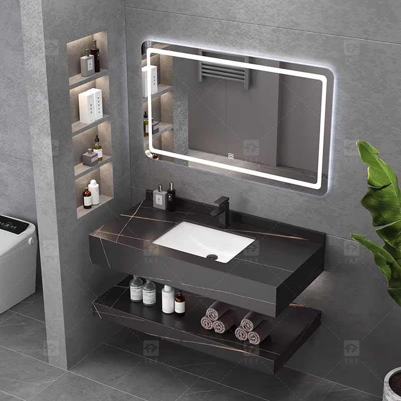 Factory Supply Modern Hotel Marble Sintered Stone Basin Sink Wood Cabinet Smart LED Mirror Bathroom Vanity