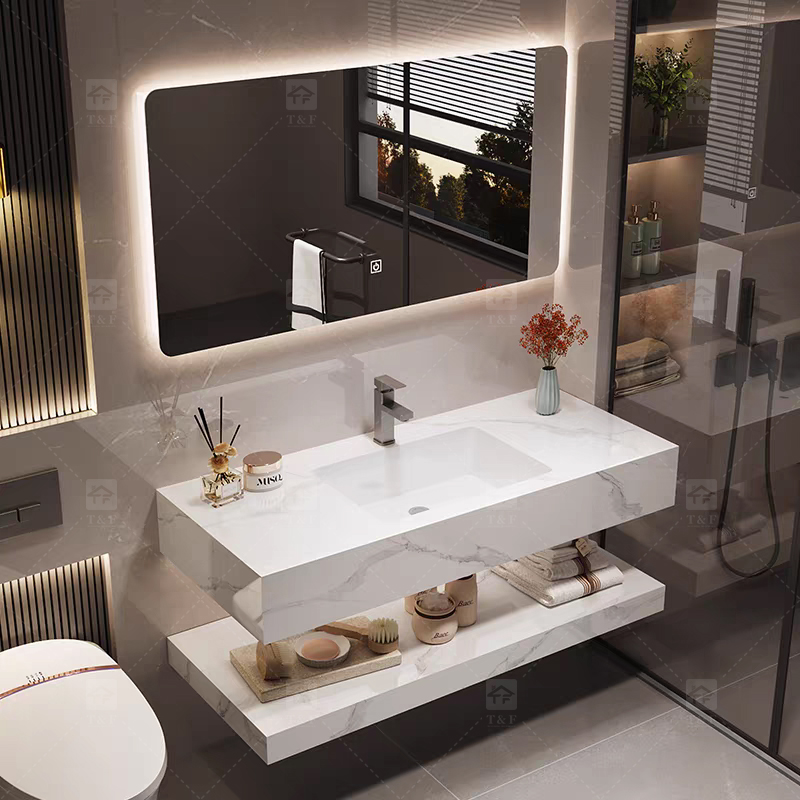 Factory Supply Modern Hotel Marble Sintered Stone Basin Sink Wood Cabinet Smart LED Mirror Bathroom Vanity