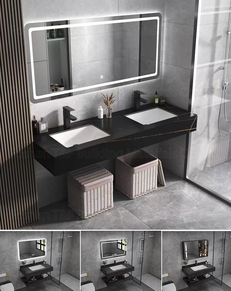 Factory Supply Modern Hotel Marble Sintered Stone Basin Sink Wood Cabinet Smart LED Mirror Bathroom Vanity