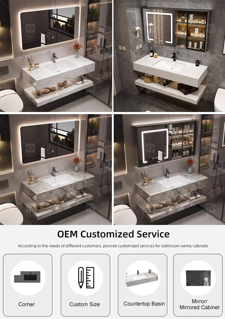 Factory Supply Modern Hotel Marble Sintered Stone Basin Sink Wood Cabinet Smart LED Mirror Bathroom Vanity