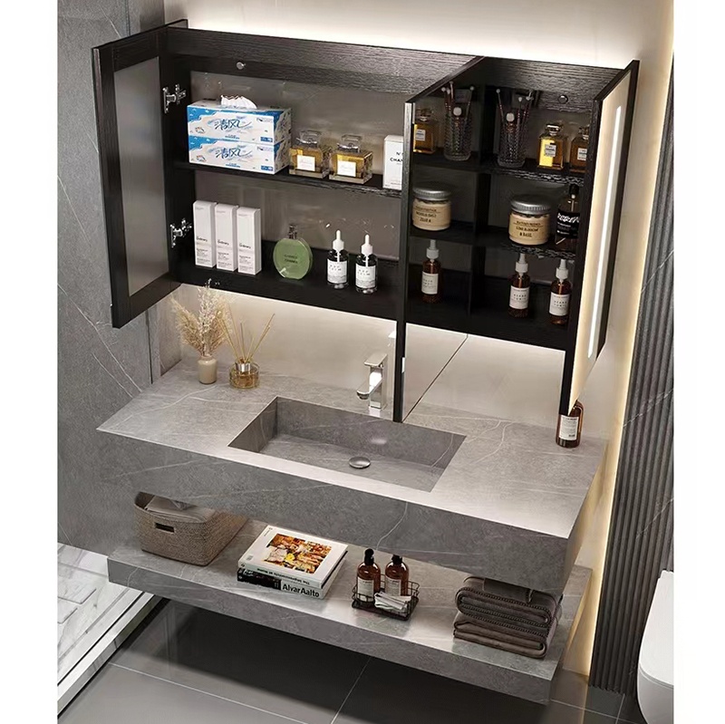 New OEM Service Sintered Stone Bath Vanity Countertop Basin Bathroom LED Mirror Storage Cabinets