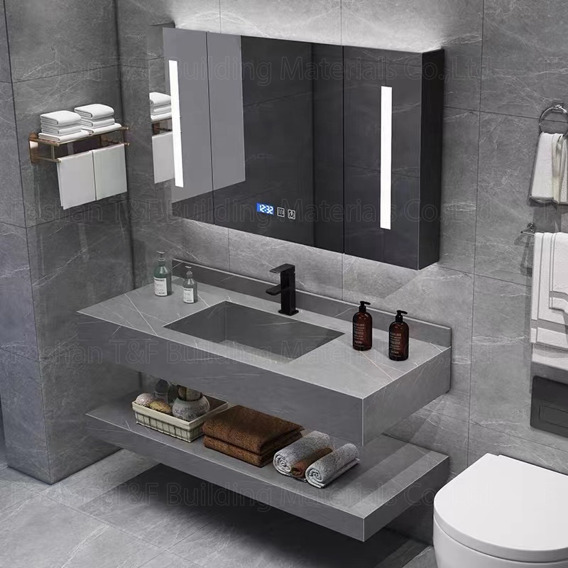 New OEM Service Sintered Stone Bath Vanity Countertop Basin Bathroom LED Mirror Storage Cabinets