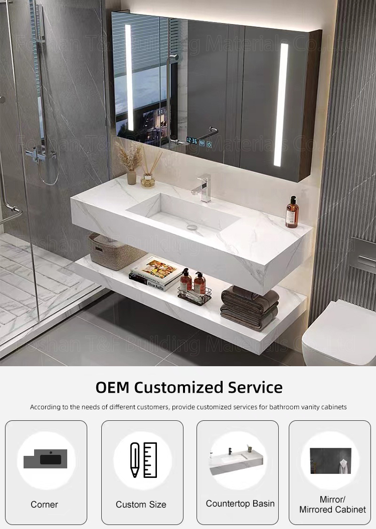 New OEM Service Sintered Stone Bath Vanity Countertop Basin Bathroom LED Mirror Storage Cabinets