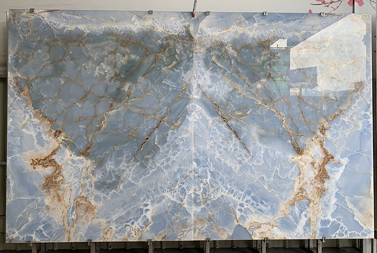 Good Price Polished Big Translucent Natural Crystal Bookmatch Blue Onyx Marble Slab for Background Wall