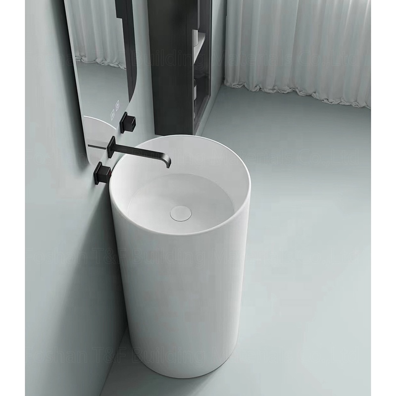 One Piece Floor Freestanding Bathroom Balcony Sink Solid Surface Ceramic Hand Wash Pedestal Basin