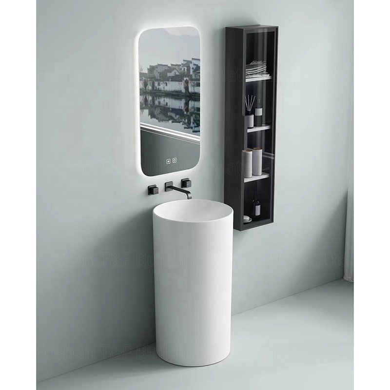 One Piece Floor Freestanding Bathroom Balcony Sink Solid Surface Ceramic Hand Wash Pedestal Basin