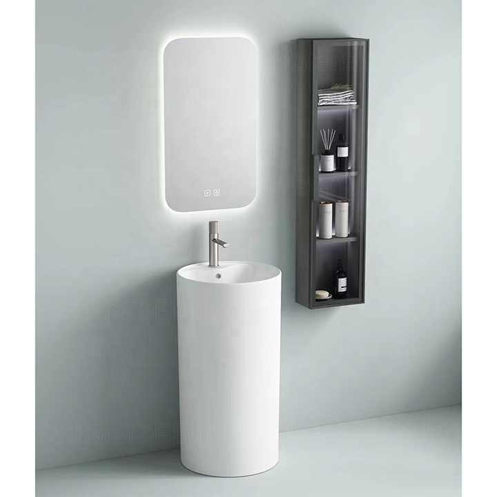 One Piece Floor Freestanding Bathroom Balcony Sink Solid Surface Ceramic Hand Wash Pedestal Basin