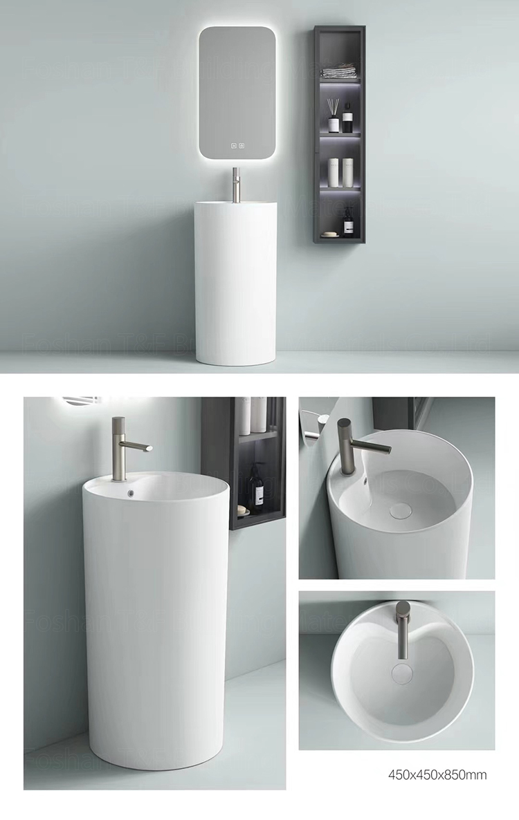 One Piece Floor Freestanding Bathroom Balcony Sink Solid Surface Ceramic Hand Wash Pedestal Basin