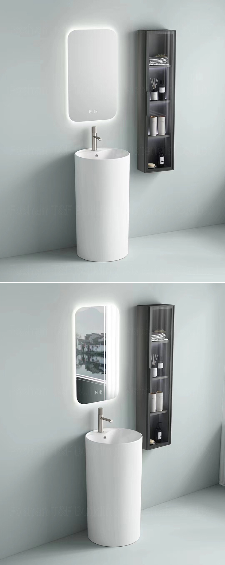 One Piece Floor Freestanding Bathroom Balcony Sink Solid Surface Ceramic Hand Wash Pedestal Basin