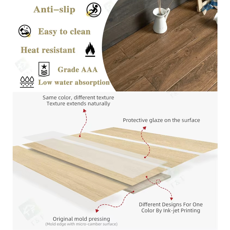 Wood Grain Finish Effect Design Ceramic Tiles for Floor Porcelain Wooden Plank Floor Tiles