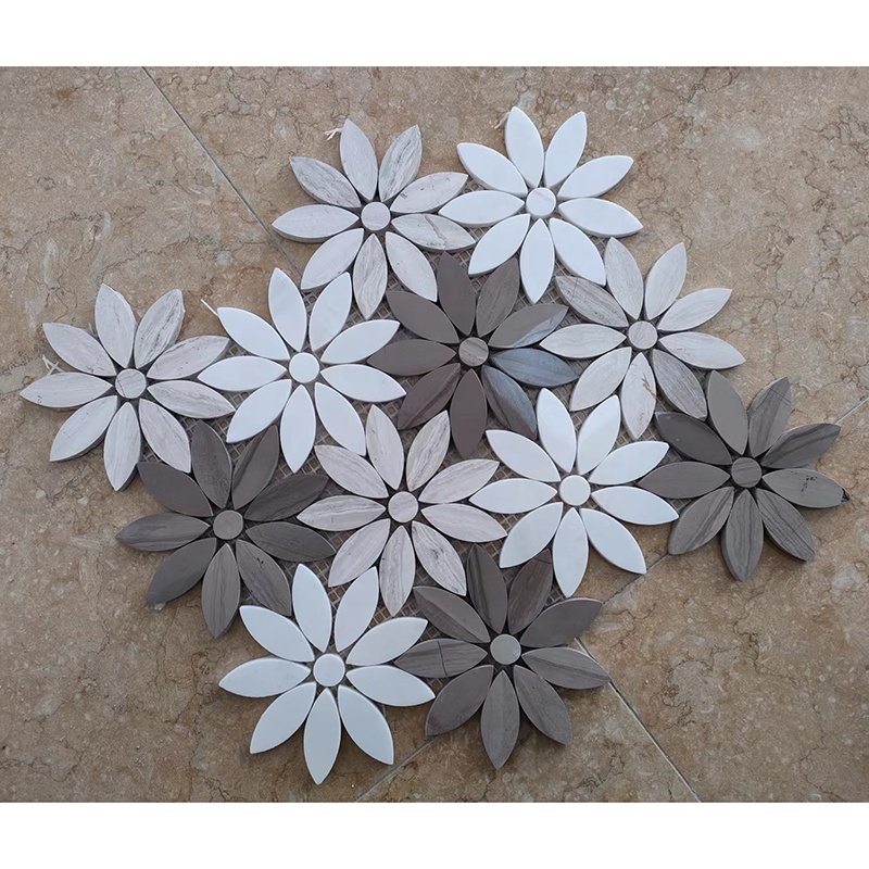 Light Luxury Backsplash Wall Decoration Carrara White Daisy Flower Pattern Waterjet Marble Stone Mosaic Tiles