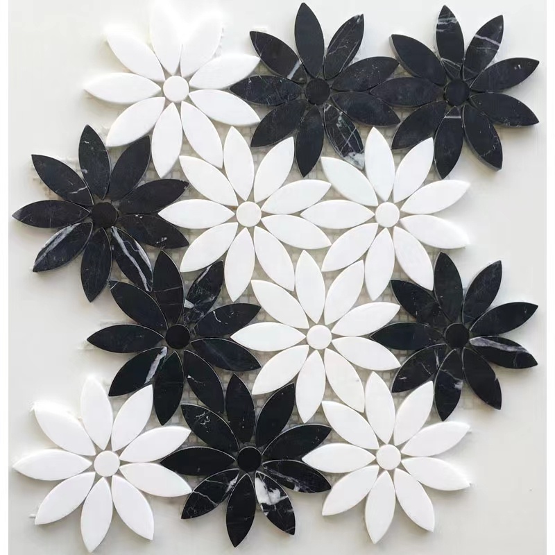 Light Luxury Backsplash Wall Decoration Carrara White Daisy Flower Pattern Waterjet Marble Stone Mosaic Tiles