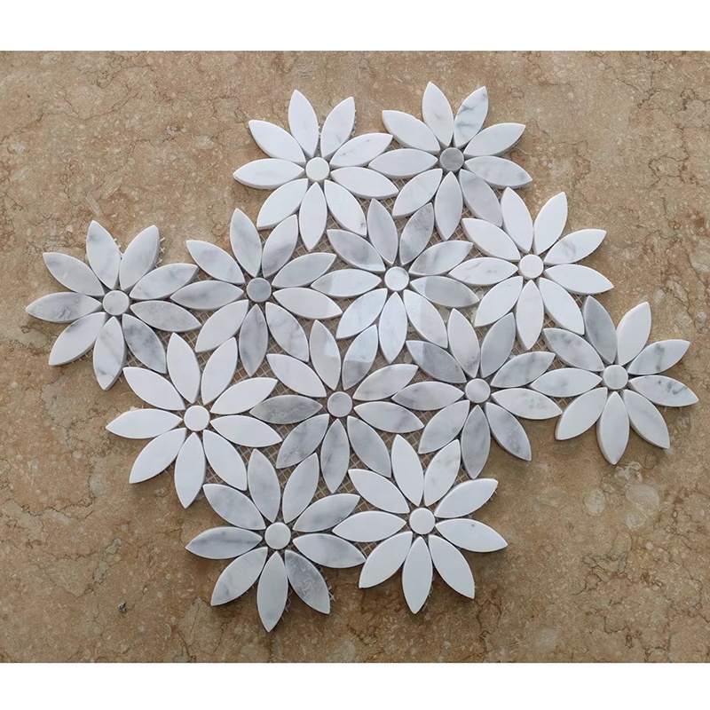 Light Luxury Backsplash Wall Decoration Carrara White Daisy Flower Pattern Waterjet Marble Stone Mosaic Tiles