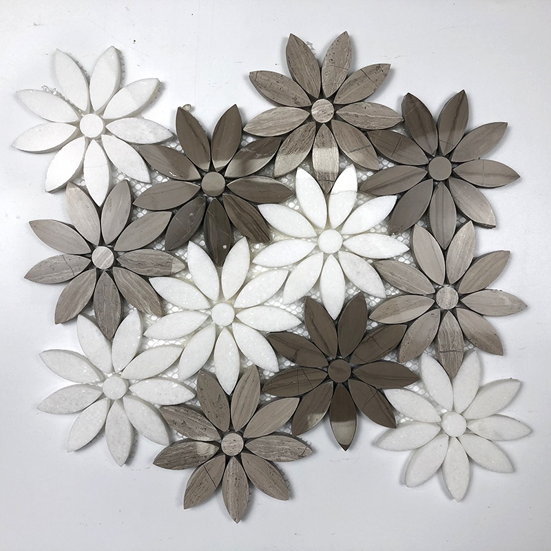 Light Luxury Backsplash Wall Decoration Carrara White Daisy Flower Pattern Waterjet Marble Stone Mosaic Tiles