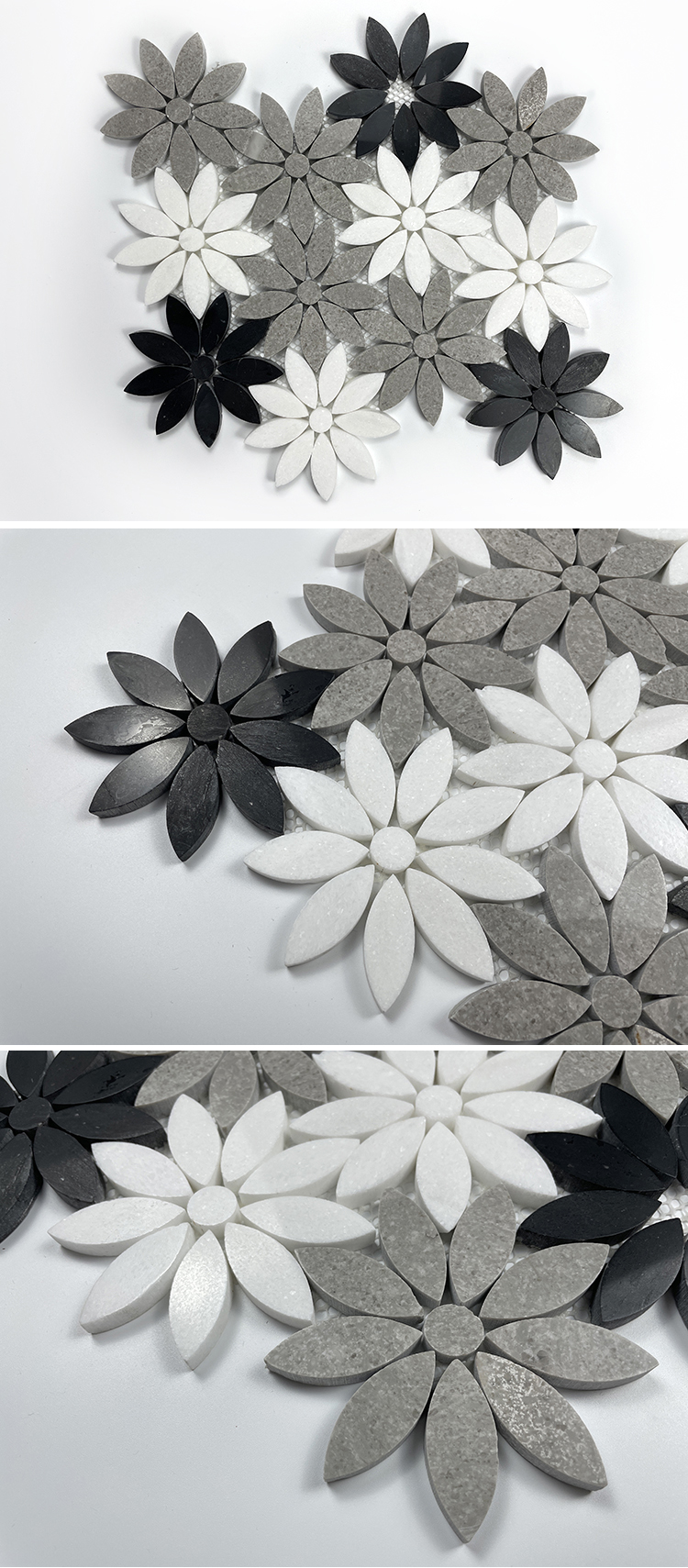 Light Luxury Backsplash Wall Decoration Carrara White Daisy Flower Pattern Waterjet Marble Stone Mosaic Tiles