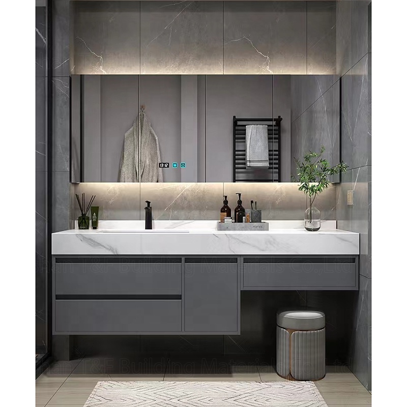 Light Luxury Extension Cut Corner Custom Sintered Stone Bathroom Washbasin Toilet Vanity Smart LED Mirrored Cabinet with Sink